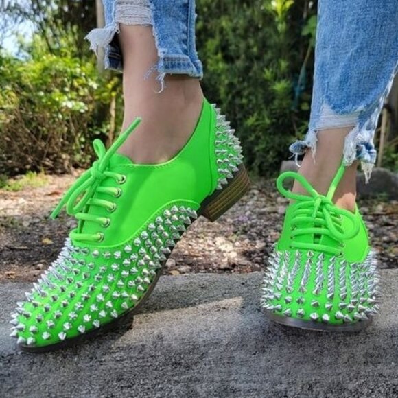 Shoes - Women's Neon Green Silver Studded Lace Up Flat Oxford Shoes